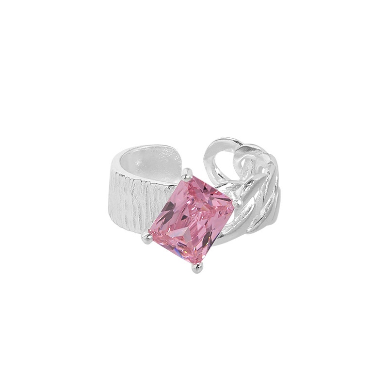 Bling Runway Sterling silver inlaid pink Zircon ring asymmetric chain stitching zircon ring-BilngRunway