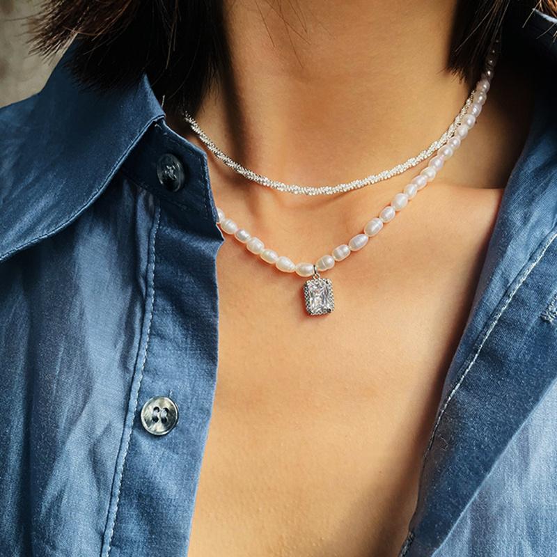 Bling Runway Sparkling Snowflake Chain Square Pendant Pearl Necklace Gypsophila Stacked Natural Freshwater Pearl Chain-BilngRunway