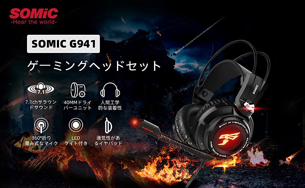 SOMIC G941 ゲーミングヘッドセット 40mm大口径 PS4/PCに対応 7.1ch