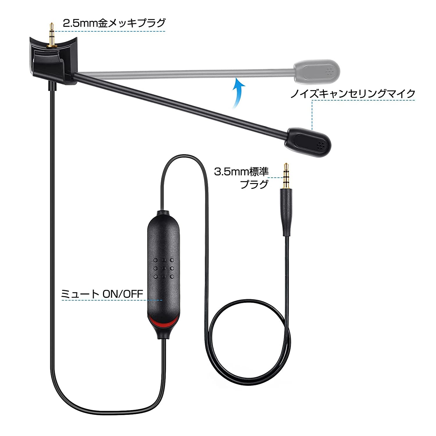 3APLUS ヘッドホンケーブル マイク付き ミュート機能 ヘッドフォン延長ケーブル 交換用HD通話 Web会議/テレワーク/オンライン授業/ゲーム用 1.35m QC35/QC35 IIと互換性があり