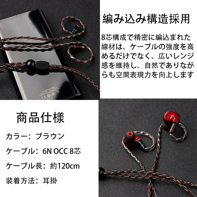 OKCSC イヤホンリケーブル 高純度OCC アップグレードケーブル 6N 交換ケーブル 8股手編み 着脱式 耳掛型 2PINコネクタ 金メッキmmcx/0.75/0.78+2.5mm