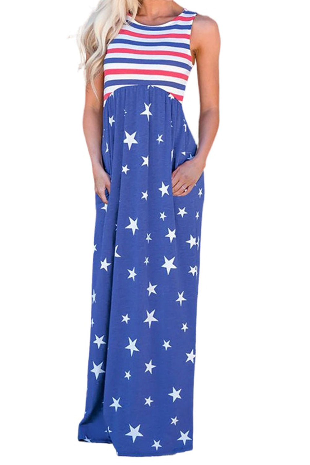 验bug，限时促销1，原价19.99，限时促销价10.99Stripes and Stars Sleeveless Maxi Dress with Pockets