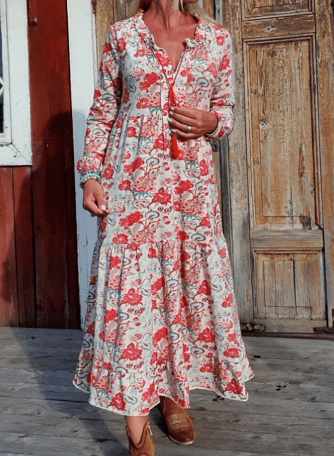 Women's Maxi Dresses Floral Tribal Long Sleeve V Neck Flare Fringe Tassels Dress