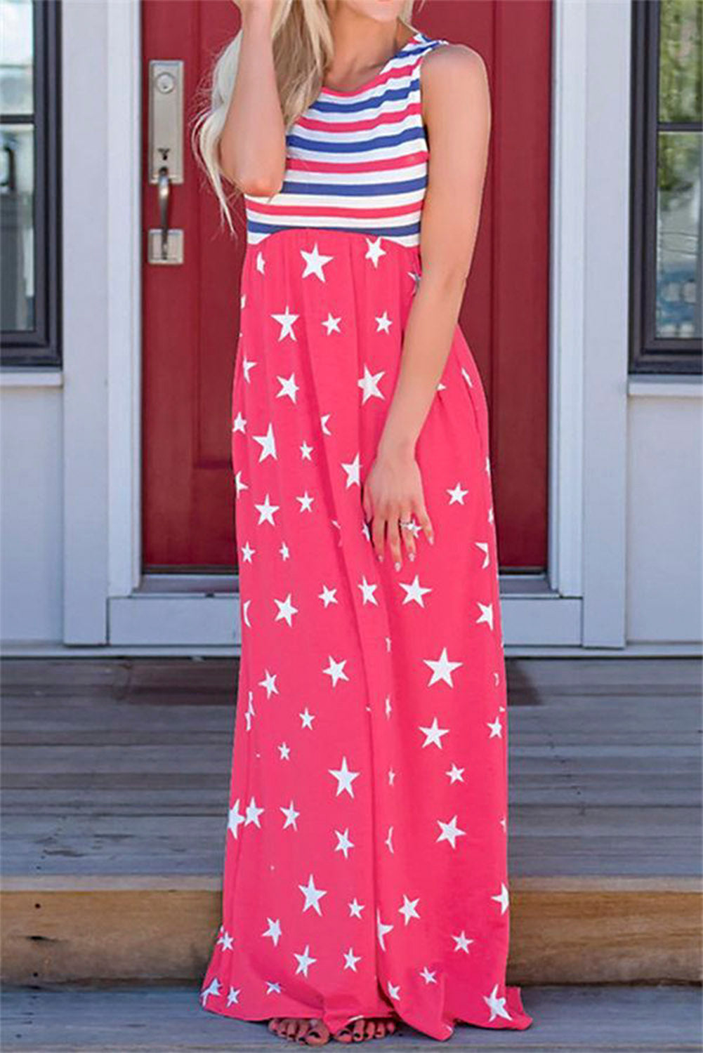 验bug，限时促销1，原价19.99，限时促销价10.99Stripes and Stars Sleeveless Maxi Dress with Pockets