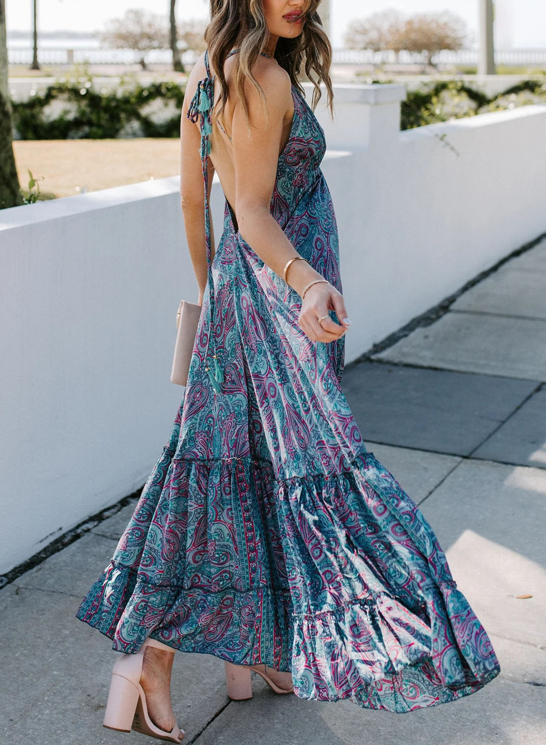 【会员价商品&限时促销价】Women's Dresses Floral Backless Ruffled Maxi Dress