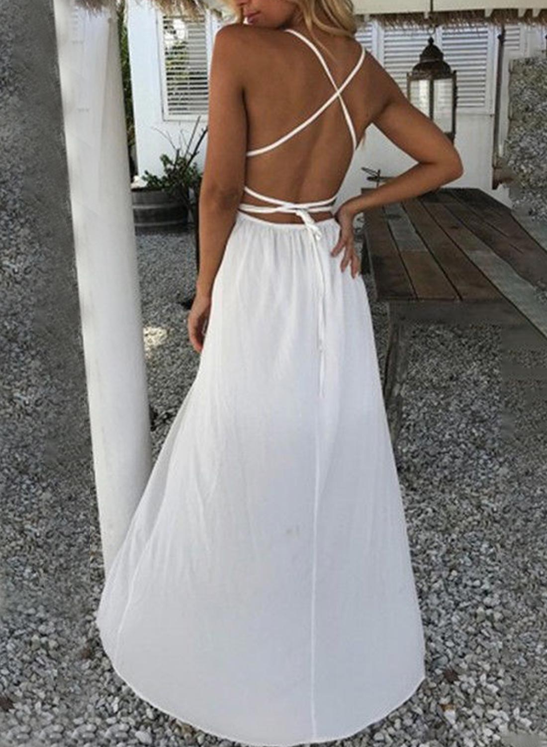 posWomen's Dress Lace Solid Split Open-back Maxi Dress