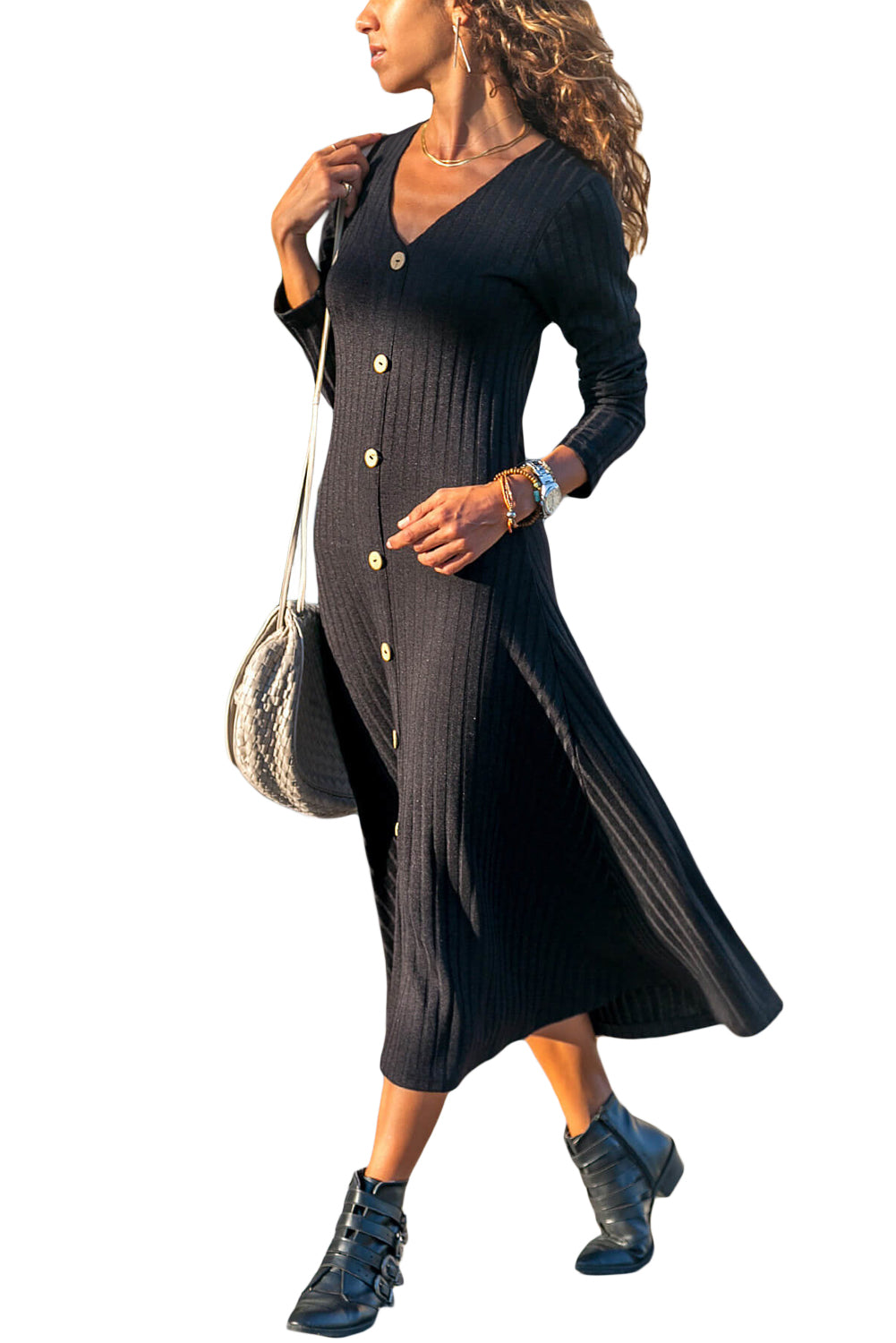 Button Front Long Sleeve Ribbed Maxi Dress