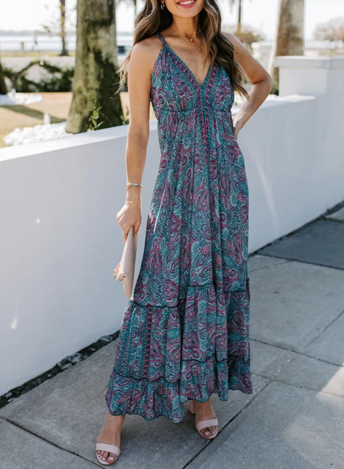 【会员价商品&限时促销价】Women's Dresses Floral Backless Ruffled Maxi Dress