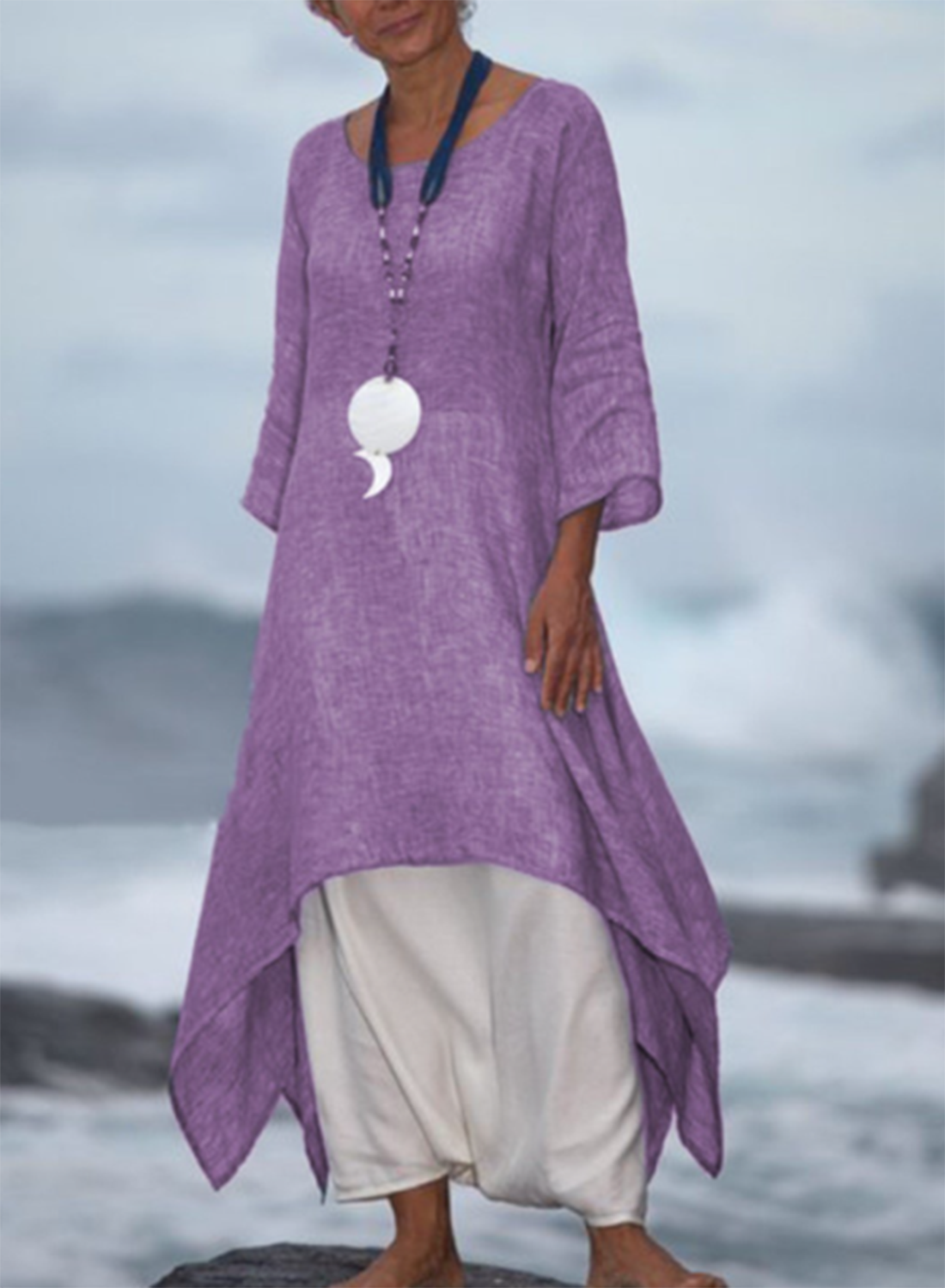 Women's Maxi Dresses Asymmetric A-line Solid 3/4 Sleeve Round Neck Daily Cotton Linen Boho Maxi Dress