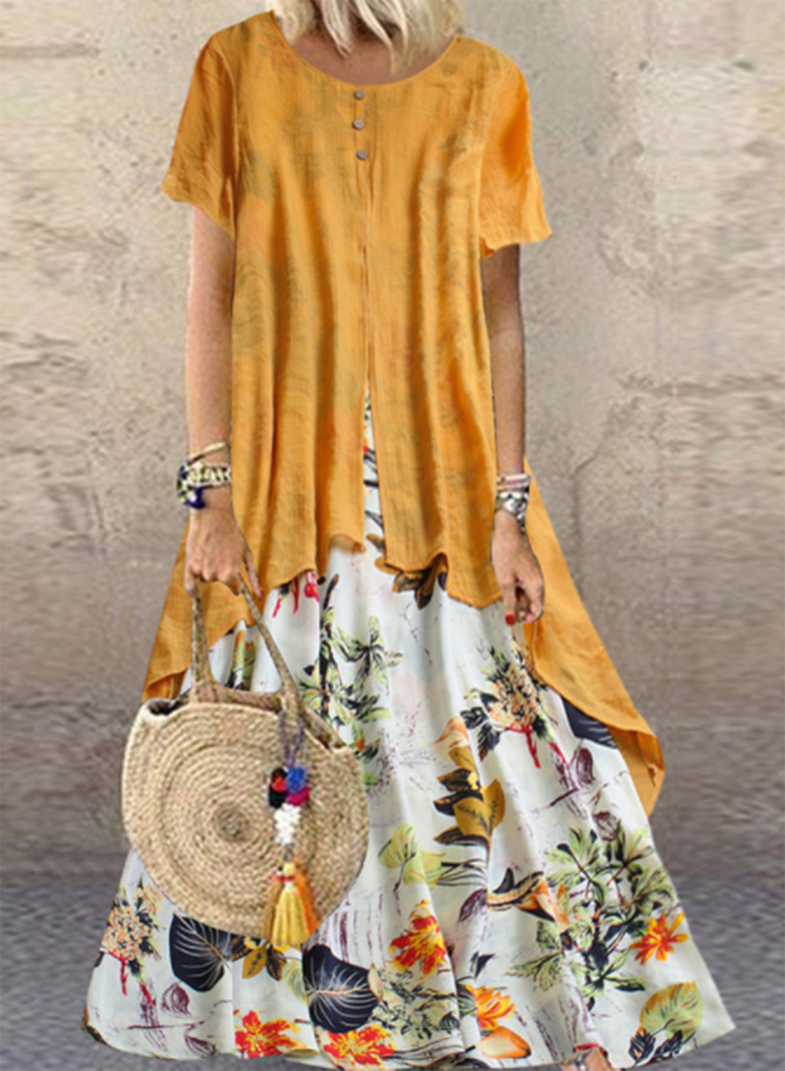 Women's Maxi Dresses A-line Floral Short Sleeve Round Neck Vacation Casual Cotton Linen Maxi Dress