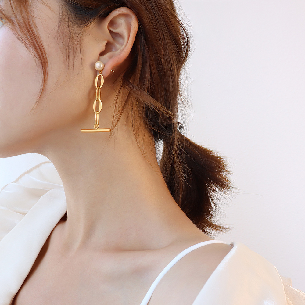 限时促销商品-Pearl Splicing Bold Chain Asymmetric Tassel Earings