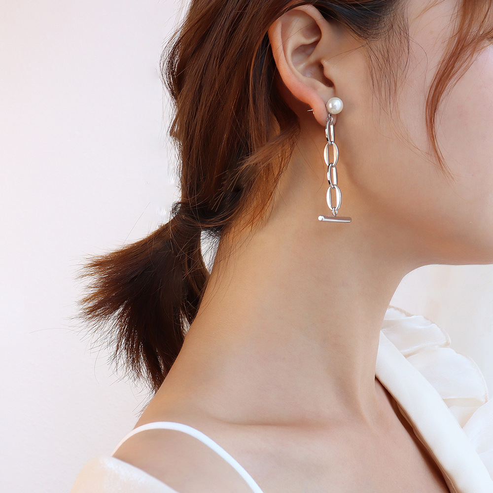 限时促销商品-Pearl Splicing Bold Chain Asymmetric Tassel Earings
