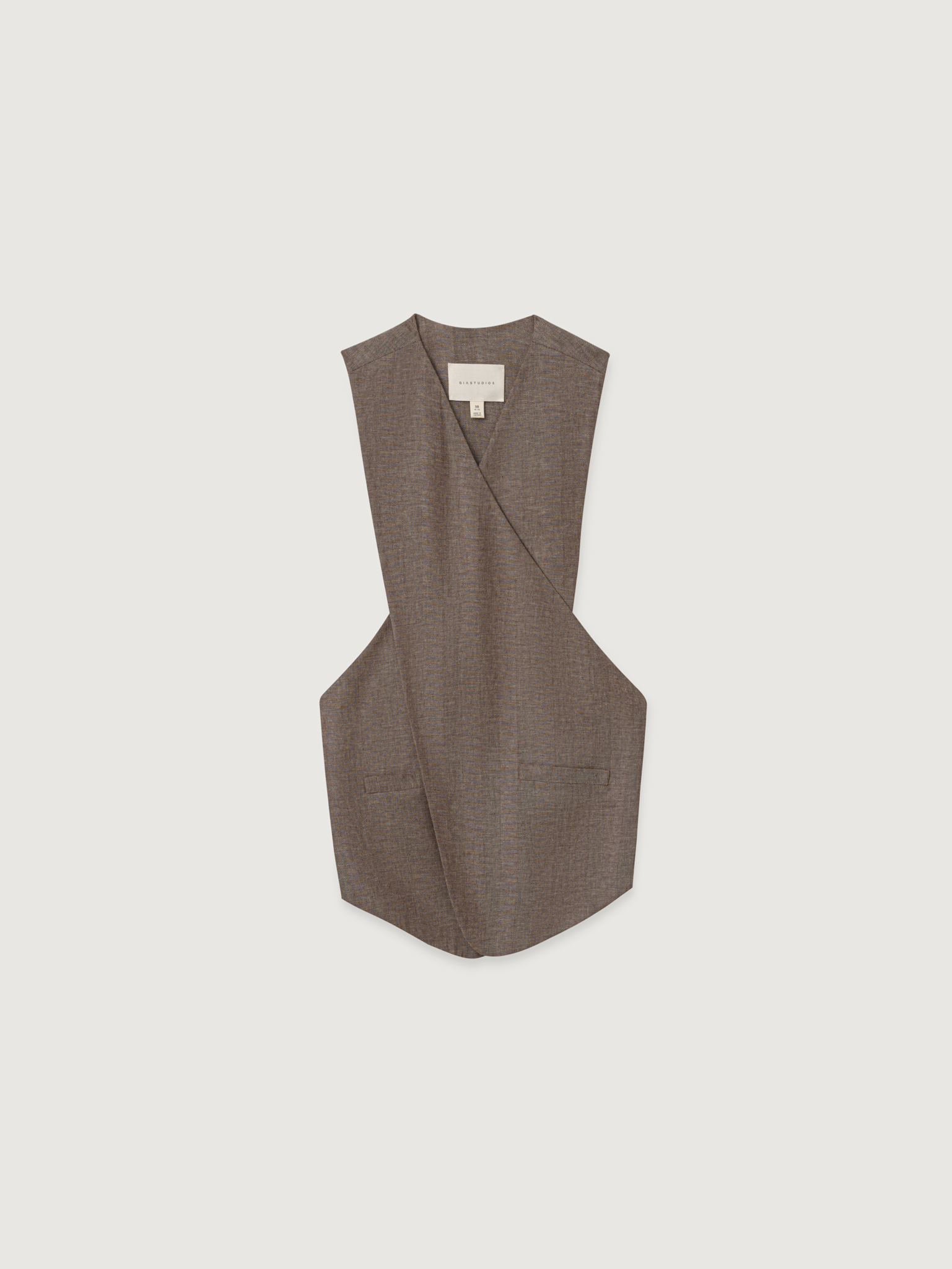 WRAP OVER LINEN VEST IN MELANGE BROWN