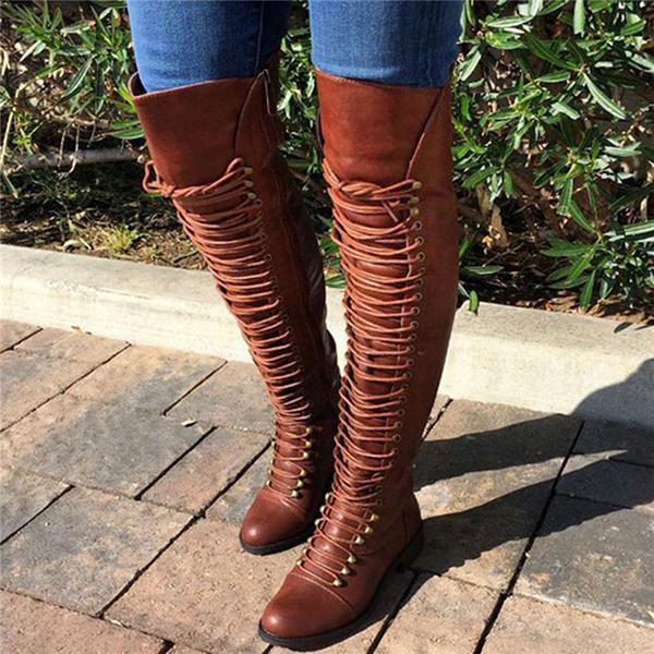 cross strap block heel knee high boots
