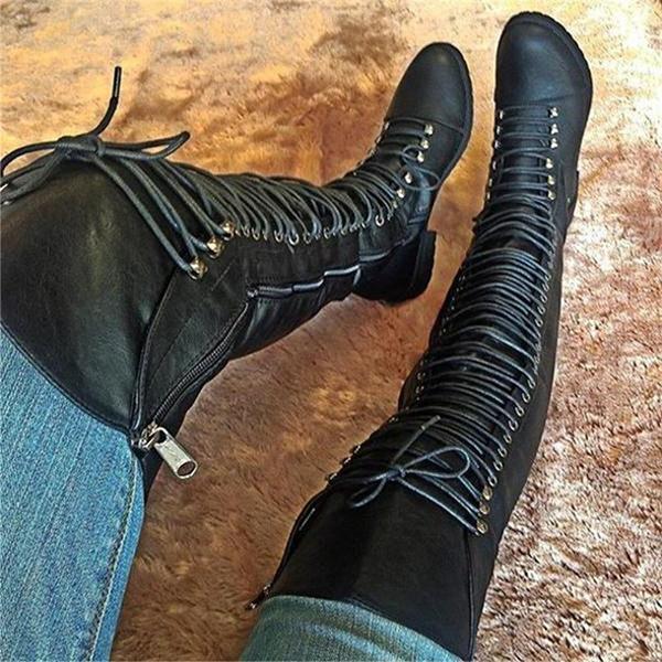 cross strap block heel knee high boots