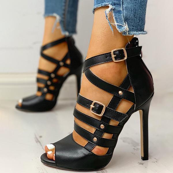 Shoemona Solid Hollow Out Ankle Strap Thin Heeled Sandals