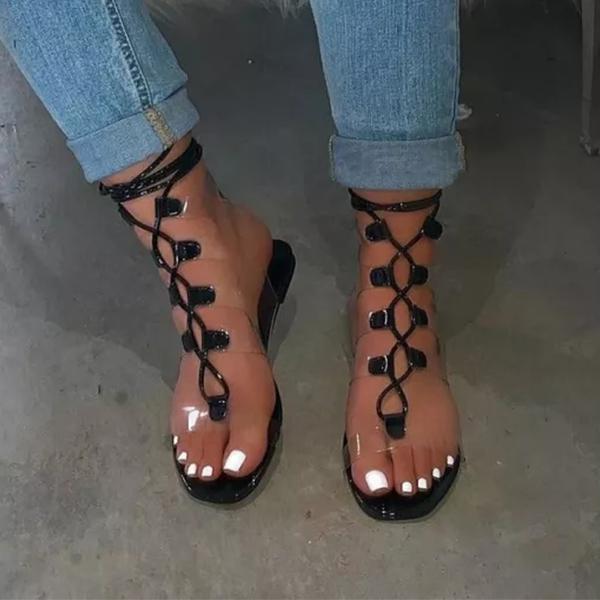 Cosylands Sexy Transparent Straps Lace-Up Sandals