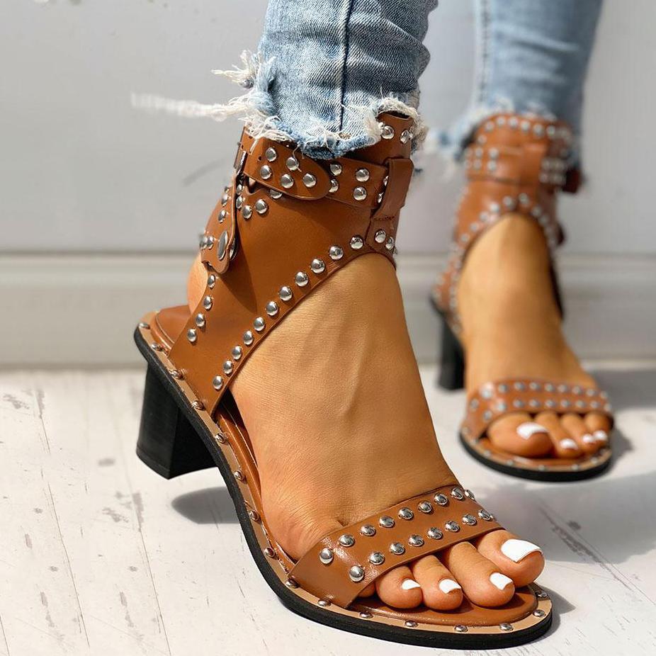 Cosypairs Open Toe Rivet Chunky Heeled Sandals For Women