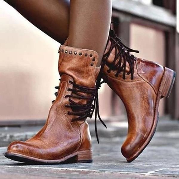 Shoemona Back Zipper Vintage Boots Lace-Up Holiday Mid-calf Boots