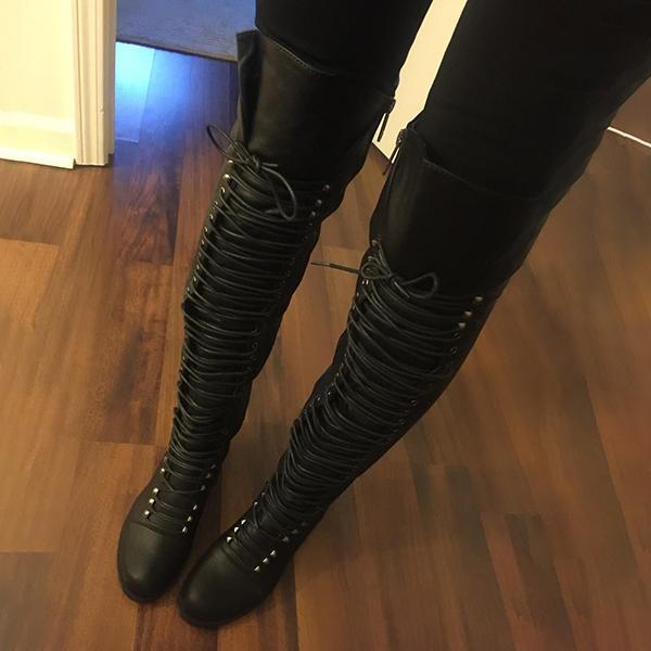 cross strap block heel knee high boots