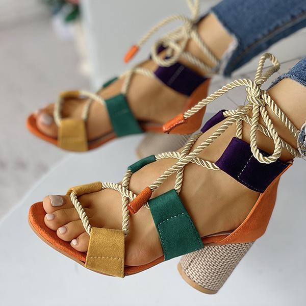 Cosylands Colourblock Lace-up Chunky Heels Open Toe Sandals