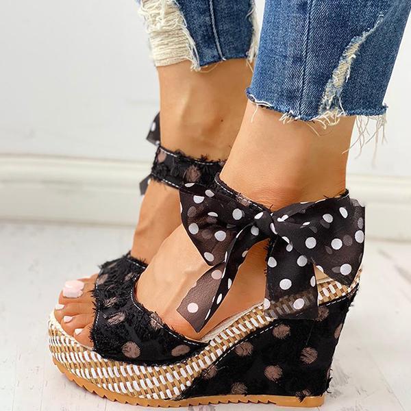 Cosylands Dot Bowknot Design Platform Wedge Sandals