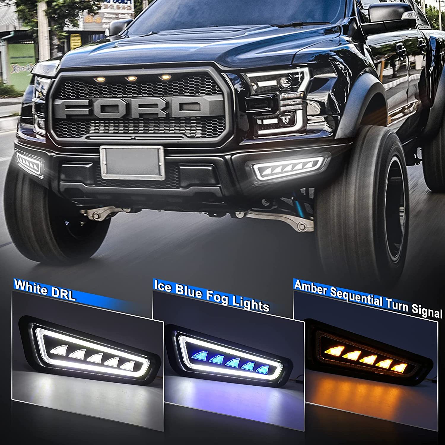 Ford Raptor Fog Lights with Ice Blue/White Raptor Bumper Lights Amber