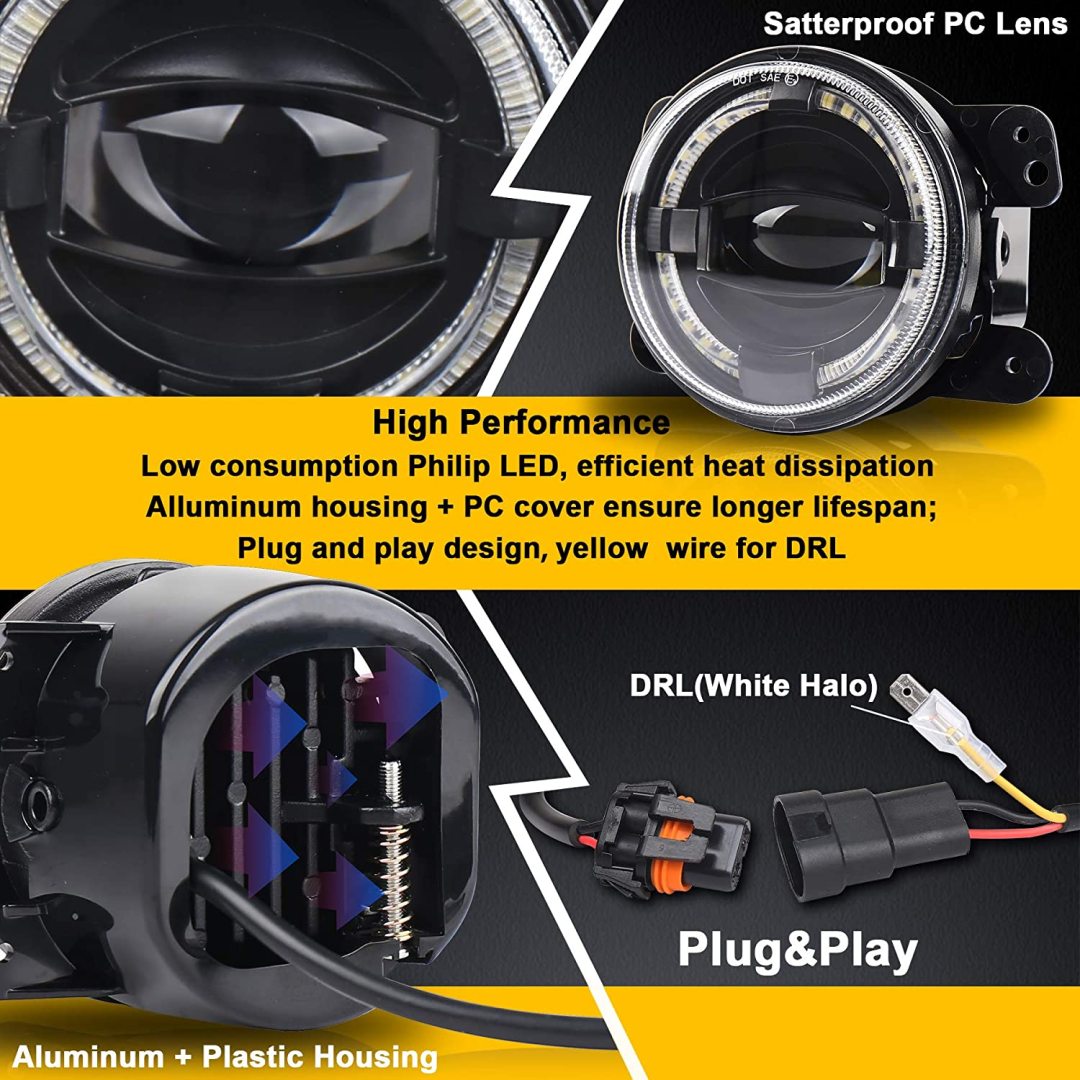 Jeep JK Fog Lights 20W Jeep Fog Lamps with White Halo DRL for Jeep