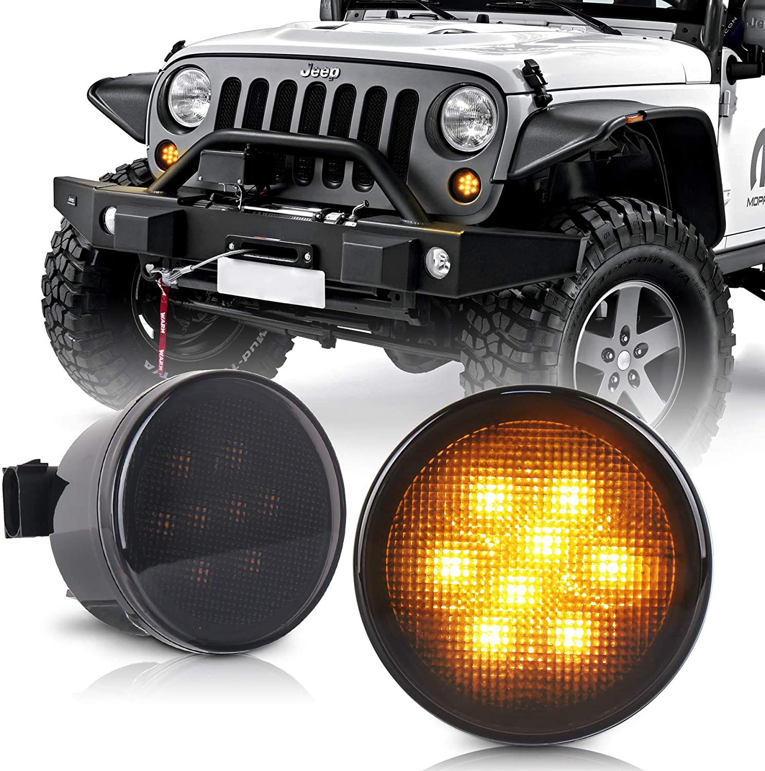 Jeep JK Turn Signal Lights Smoked Lens Amber LED Front Grille Parking