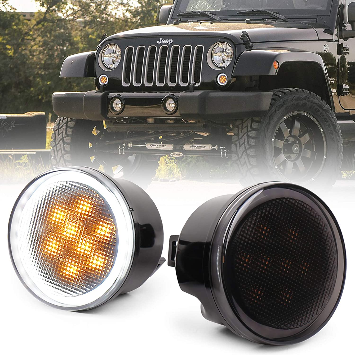 Jeep Turn Signal Lights White Halo Amber LED Smoke Lens Front Grille ...