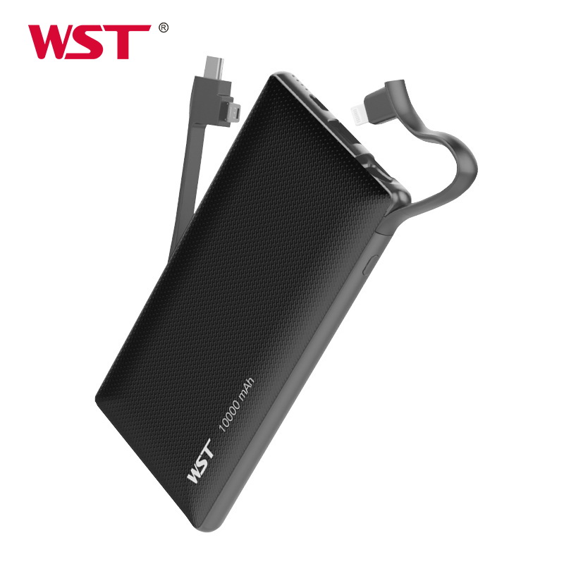High capacity leather 10000mah mobile slim power bank built in cable WST PB922A