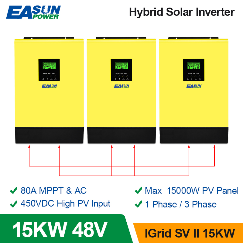 Easun Power 15KW Hybrid Solar Inverter Grid tied + Off Grid 48V 220V 80A MPPT Solar 1 phase & 3 phase 