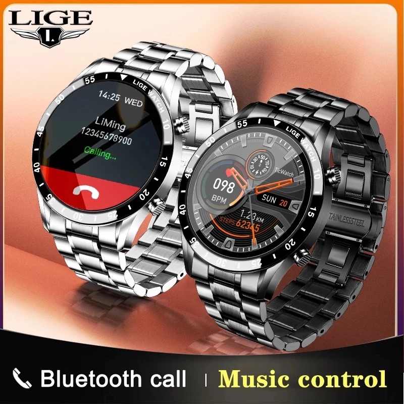 LIGE men's smart watch sports watch bluetooth call full screen touch