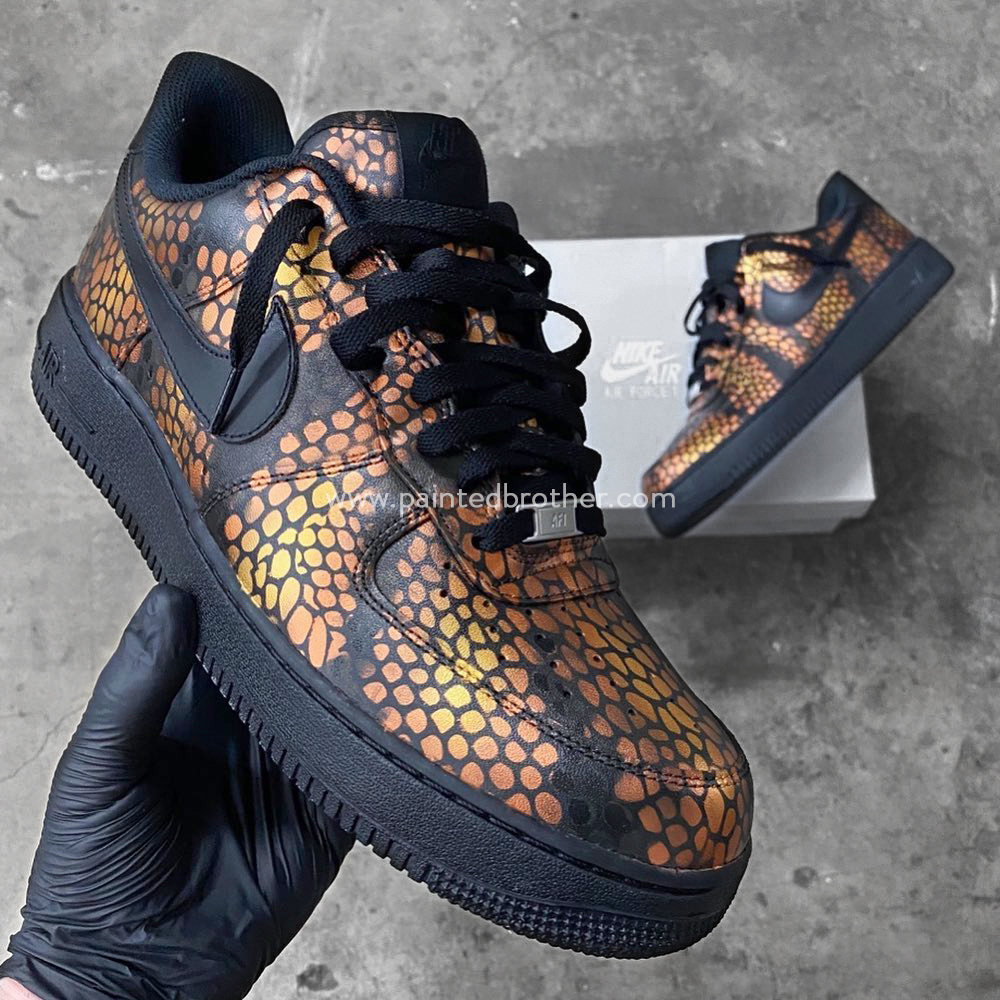 Custom painted shoes Snakeskin pattern Black gold Force 1's