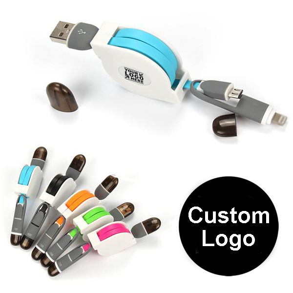 Customized Micro USB Cable Retractable Usb Charging Cable 2 in 1 USB B/C Cable for iPhone, Android