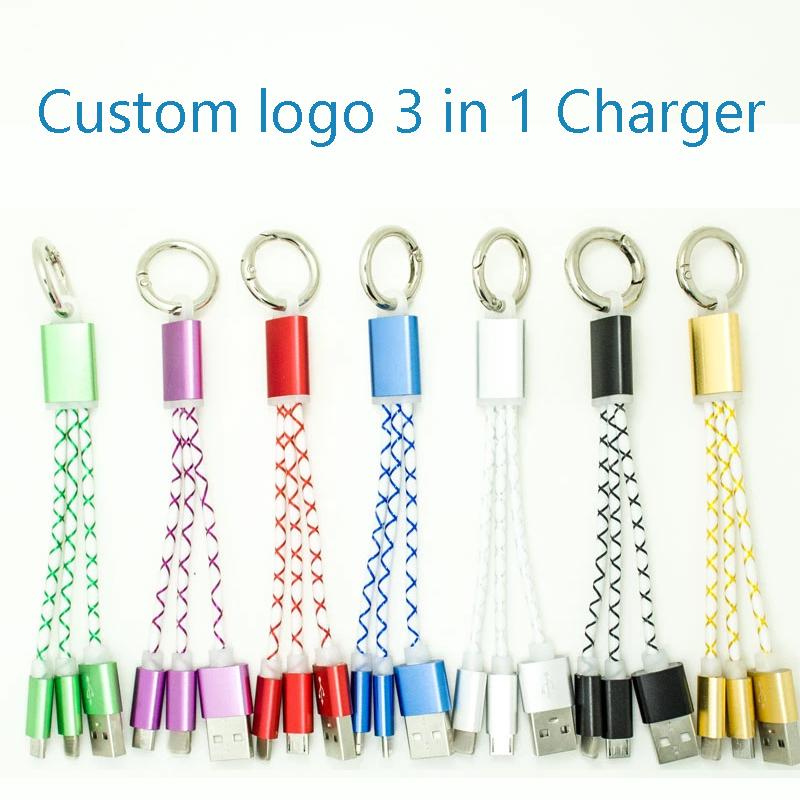 Custom logo Metal 3-in-1 Charging Cable with Key Ring Multi Usb Charger for iPhone/Android