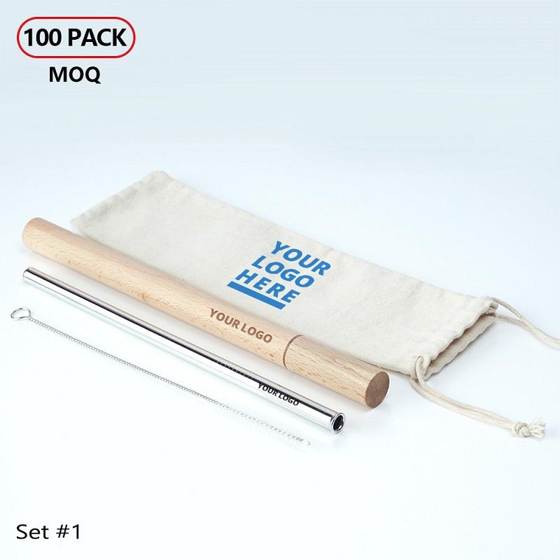 (100 PACK) Wholesale Stainless steel metal reusable drinking straws with wood travel case & cleaning brush