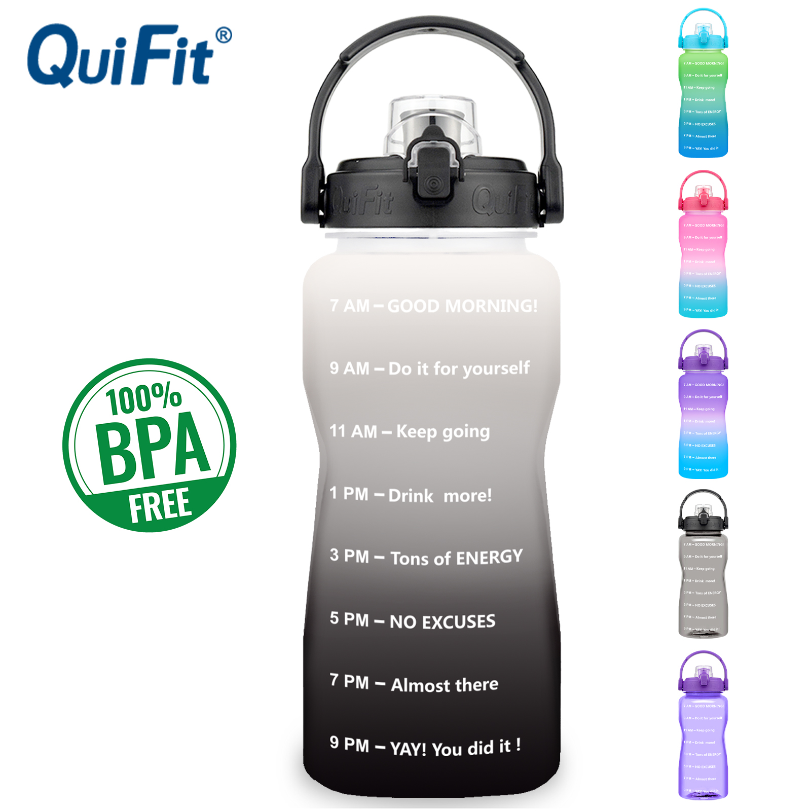 QuiFit 2 Litre Motivational Straw Water Bottle Frutti Yoga Fitness 