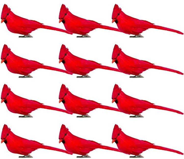 GREENWISH 12 Pcs Artificial Red Cardinal Birds with Metal Clip Simulation Foam Red Bird Realistic Feathered Birds Clip On Christmas Tree & Wreath Ornament