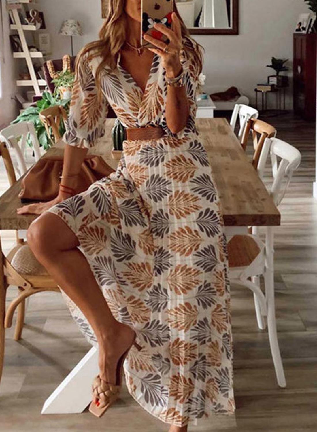 Women's Maxi Dresses Floral Fruits Plants 3/4 Sleeve A-line V Neck Vacation Beach Boho Dress