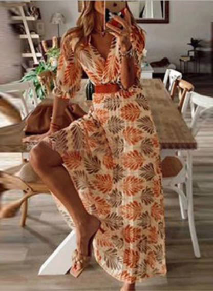 Women's Maxi Dresses Floral Fruits Plants 3/4 Sleeve A-line V Neck Vacation Beach Boho Dress