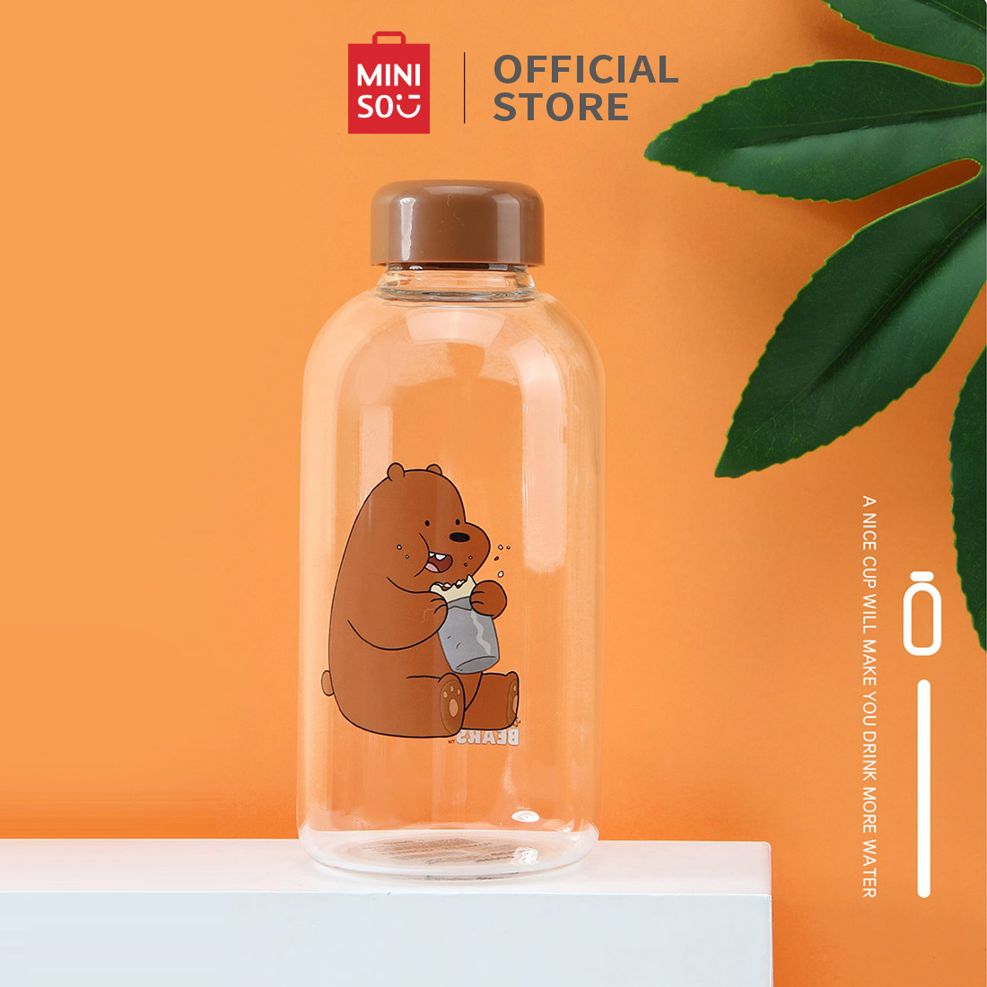 MINISO We Bare Bears-Pot-bellied Glass Water Bottle,High Borosilicate Portable Glass Water Bottle