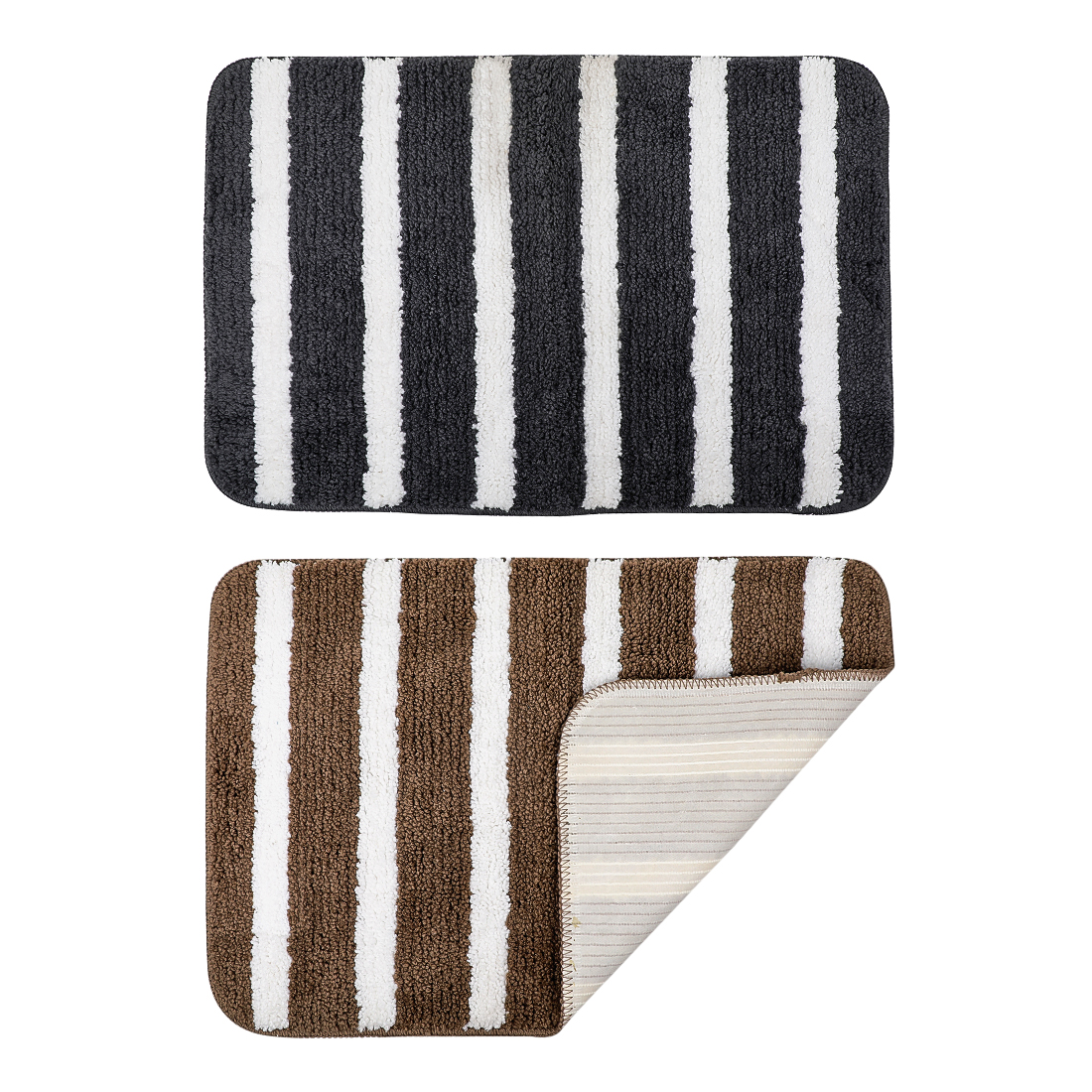 MINISO Polyester Soft Bath Mat, Pack of 2 Brown Stripe+Dark Grey Stripe