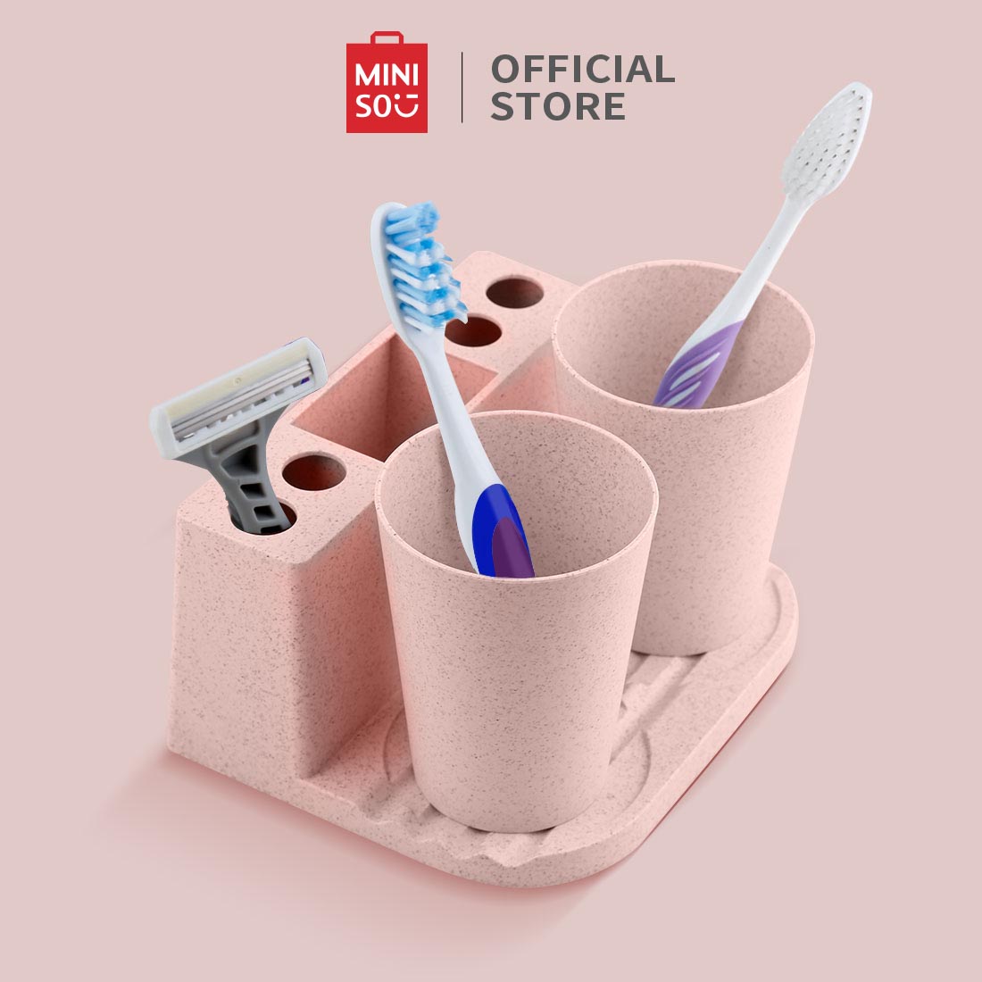 MINISO Wheat Straw Gargle Mug with Toothbrush Holder Set - Pink
