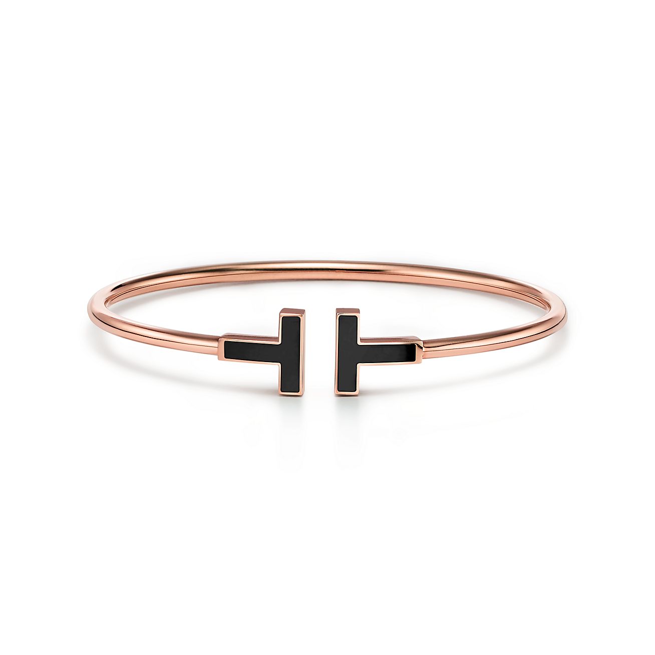 Tiffany T black onyx wire bracelet in 18k rose gold, medium.