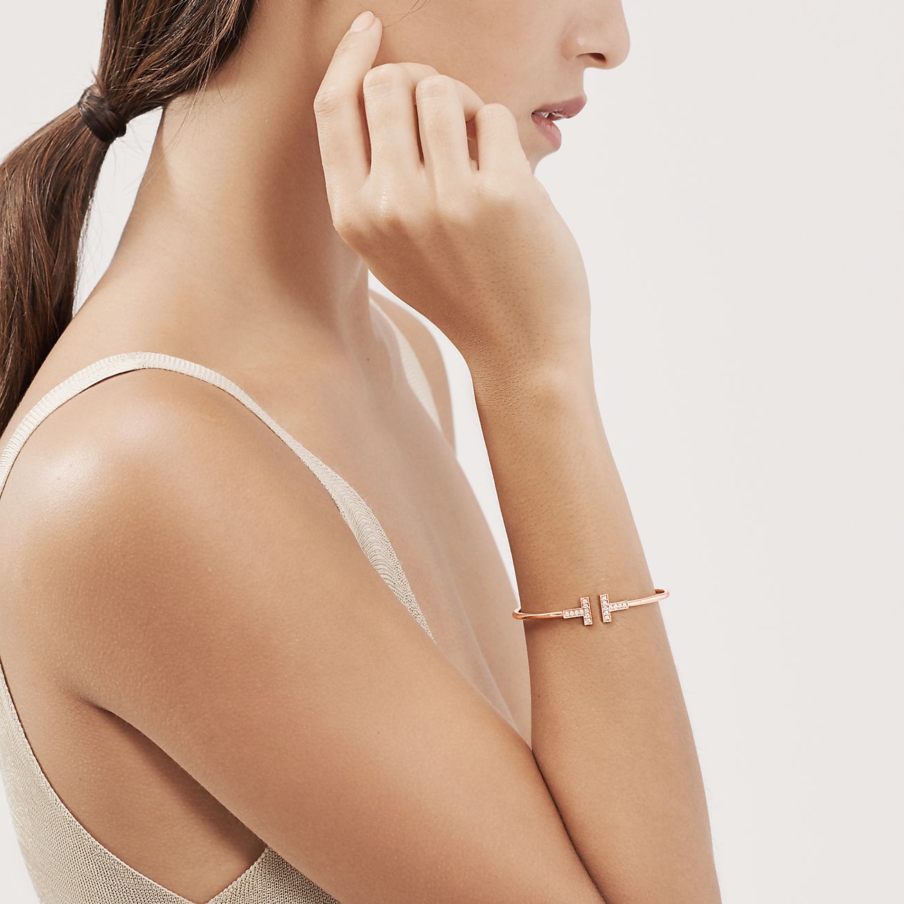 Tiffany T Wire Bracelet in Rose Gold with Diamonds - Alternate shot 1 - Alternate shot 2 - Modal shot 1 - Modal shot 2