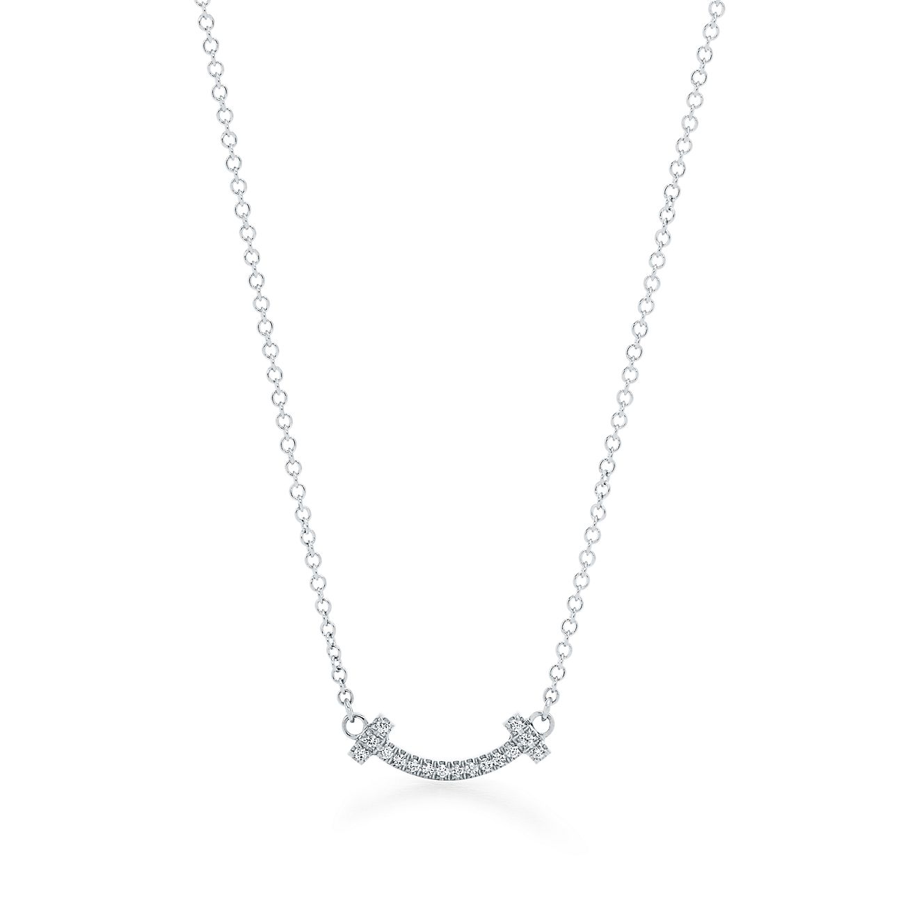 Tiffany T smile pendant in 18k white gold with diamonds, mini.
