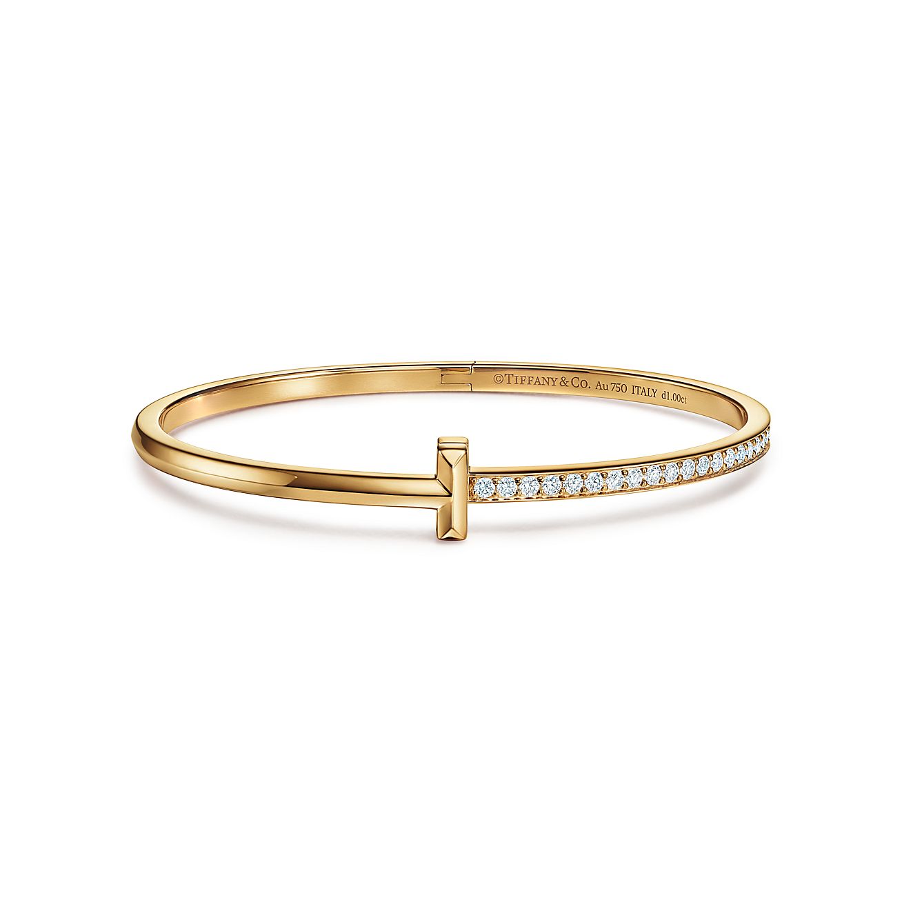 Tiffany T T1 narrow diamond hinged bangle in 18k gold, medium.