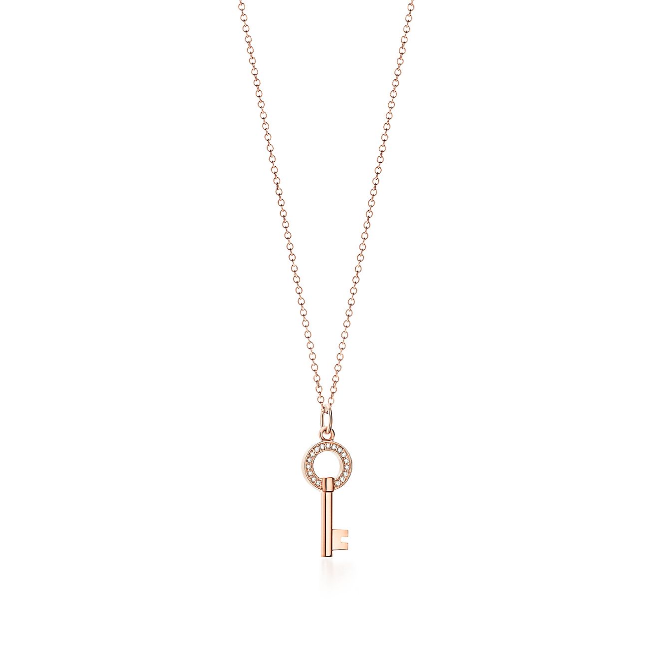 Tiffany Keys modern keys open round key pendant in 18k rose gold with diamonds.