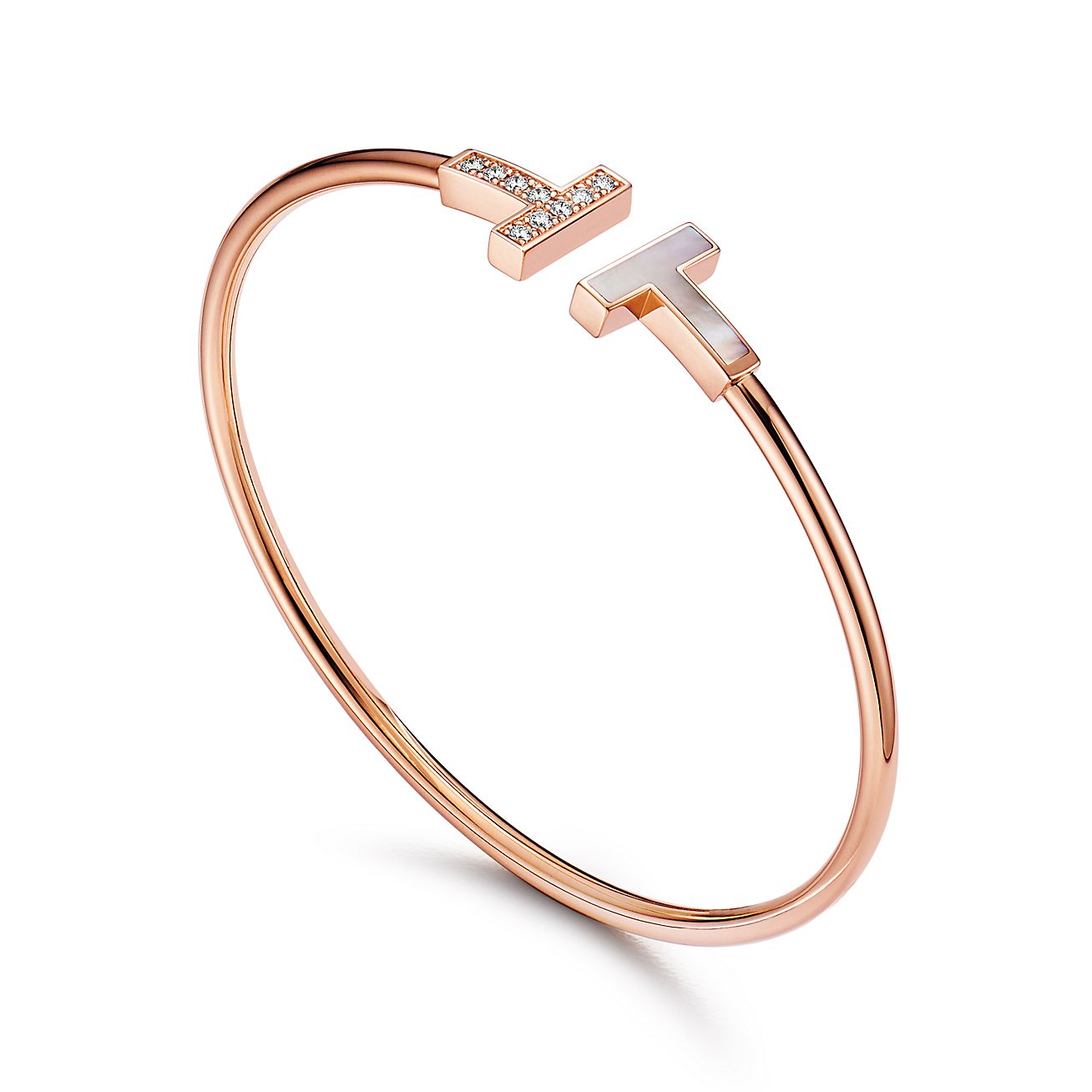 Tiffany T Wire Bracelet in Rose Gold with Diamonds and Mother-of-pearl - Alternate shot 1